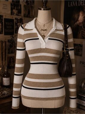 Almost Famous White, Beige & Black Striped V-Neck Ribbed Sweater